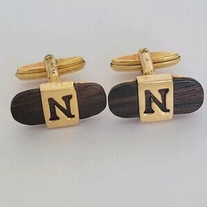 Nina Ricci N Oval Cufflinks Gold Brown Wood Tone French Designer Retro Vintage